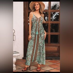 1029. Floral open back ruffle mid dress green